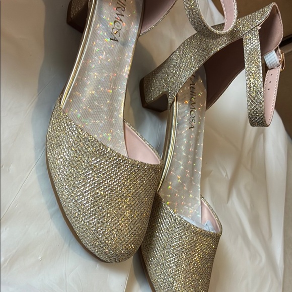 Glamorous Gold Glitter Heels with Ankle Strap - Picture 3 of 9